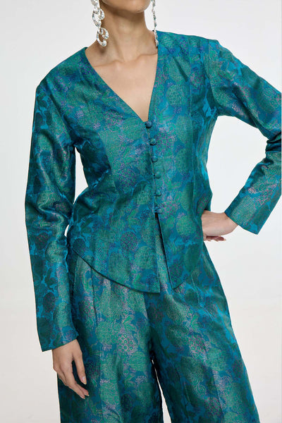 Ekaya Handwoven Coral Blue Jacket Set indian designer wear online shopping melange singapore 