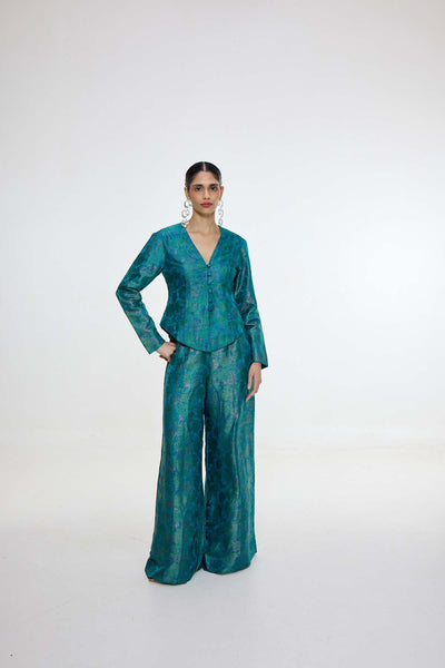 Ekaya Handwoven Coral Blue Jacket Set indian designer wear online shopping melange singapore 
