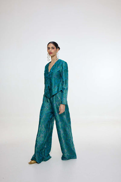 Ekaya Handwoven Coral Blue Jacket Set indian designer wear online shopping melange singapore 