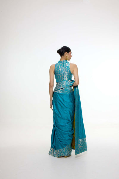 Ekaya Handwoven Coral Blue Saree indian designer wear online shopping melange singapore 