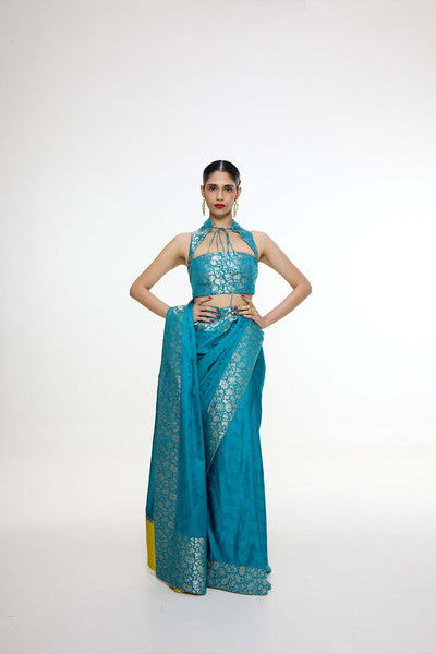 Ekaya Handwoven Coral Blue Saree indian designer wear online shopping melange singapore 