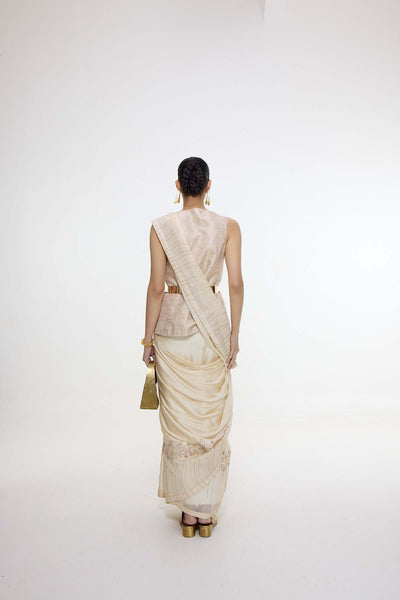 Ekaya Handwoven Ecru Mashroo Silk Saree With An Embroidered Border indian designer wear online shopping melange singapore 