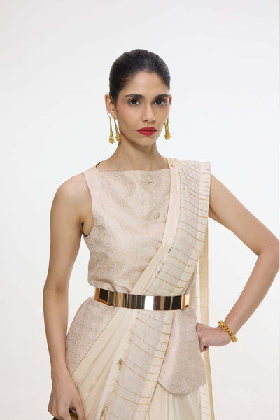 Ekaya Handwoven Ecru Mashroo Silk Saree With An Embroidered Border indian designer wear online shopping melange singapore 