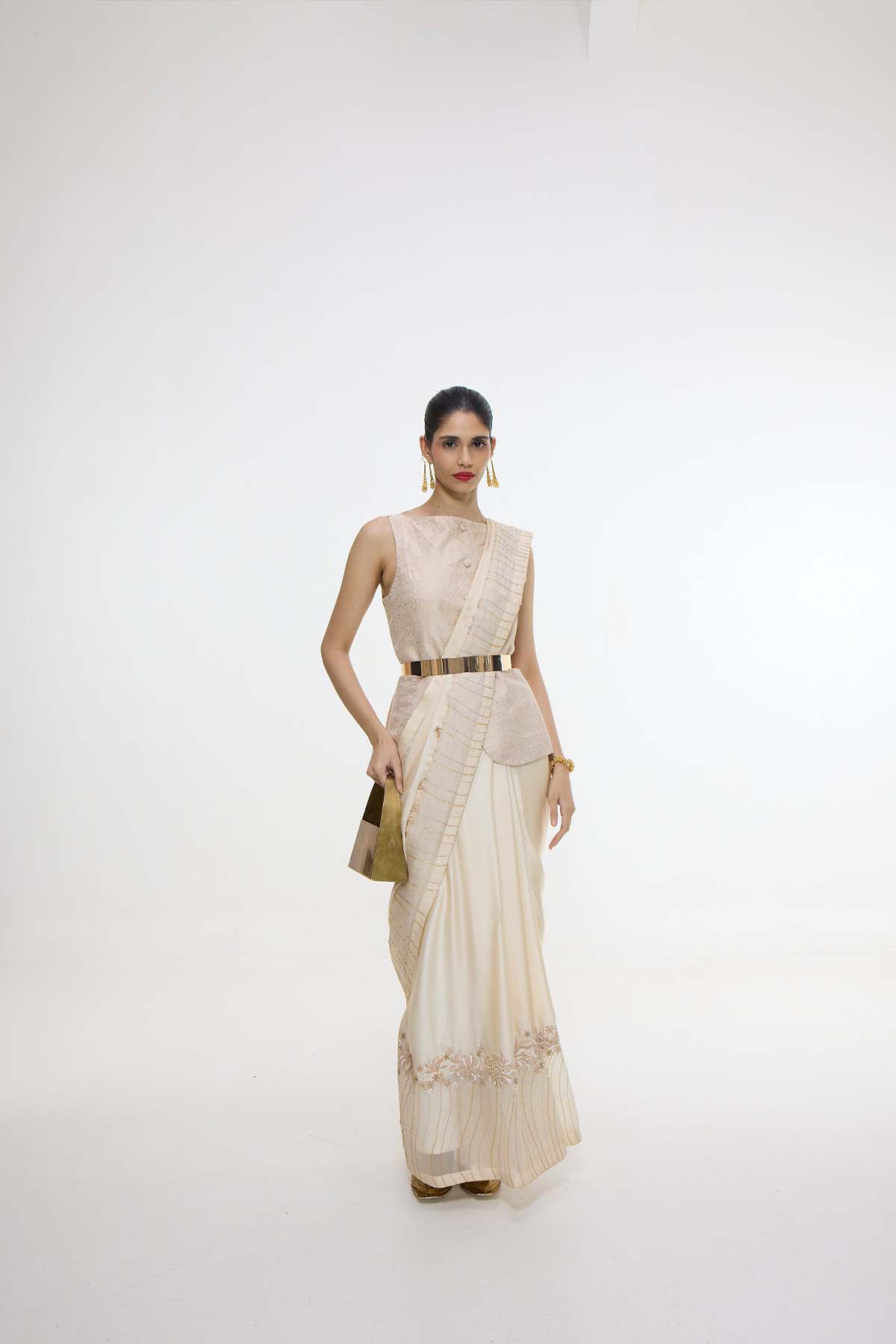 Ekaya Handwoven Ecru Mashroo Silk Saree With An Embroidered Border indian designer wear online shopping melange singapore 