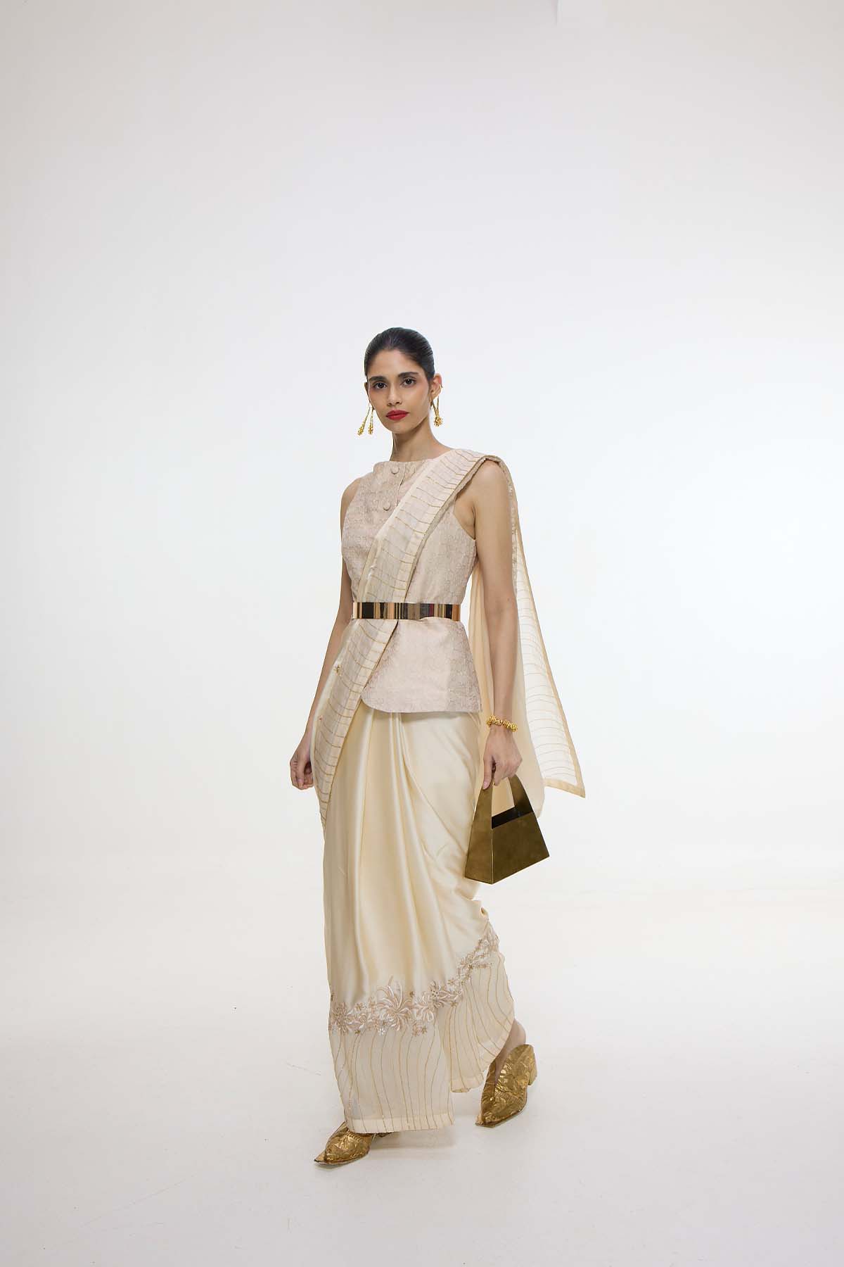 Ekaya Handwoven Ecru Mashroo Silk Saree With An Embroidered Border indian designer wear online shopping melange singapore 