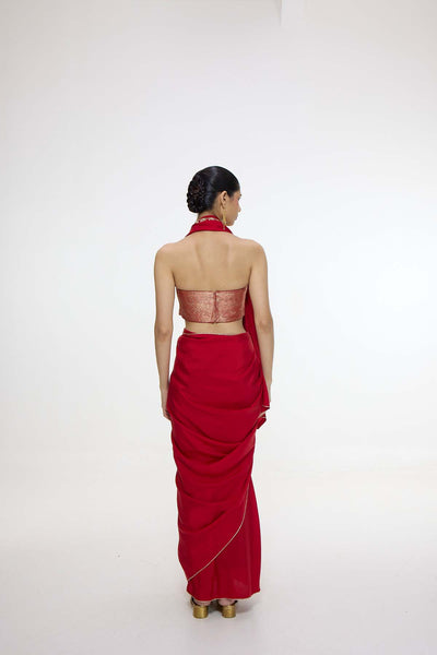 Ekaya Handwoven Embroidered Vermillion Saree With Gold Button Detailing indian designer wear online shopping melange singapore 