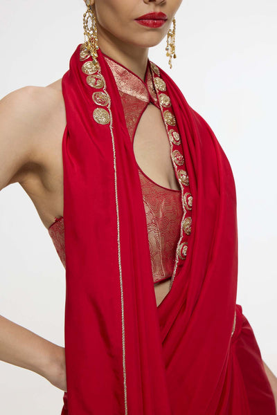 Ekaya Handwoven Embroidered Vermillion Saree With Gold Button Detailing indian designer wear online shopping melange singapore 