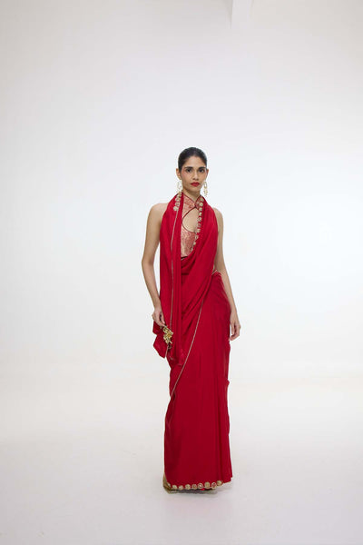 Ekaya Handwoven Embroidered Vermillion Saree With Gold Button Detailing indian designer wear online shopping melange singapore 