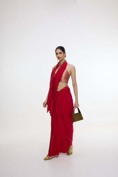 Ekaya Handwoven Embroidered Vermillion Saree With Gold Button Detailing indian designer wear online shopping melange singapore 