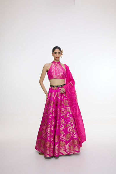 Ekaya Handwoven Fuchsia Cutwork Lehenga Set indian designer wear online shopping melange singapore 
