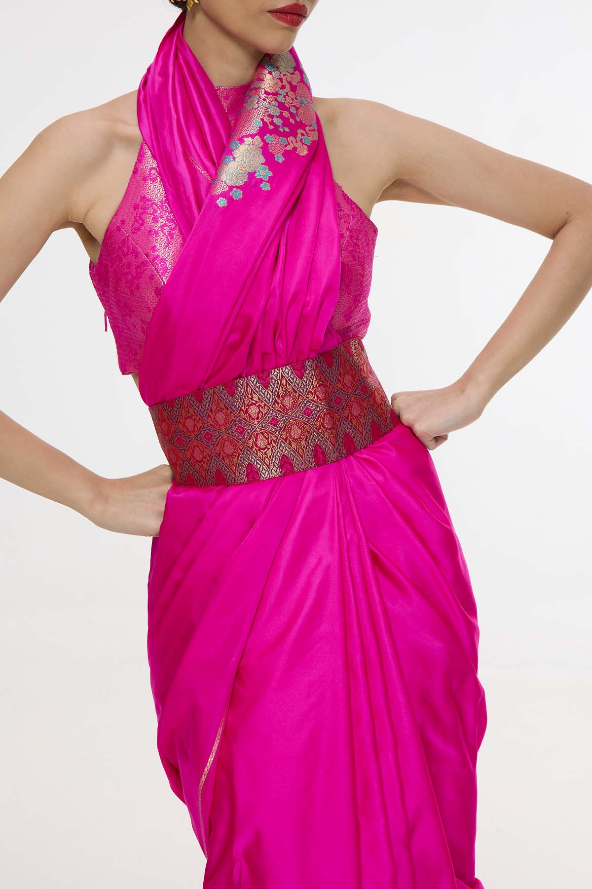 Ekaya Handwoven Hot Pink Kadhwa Banarasi Saree indian designer wear online shopping melange singapore