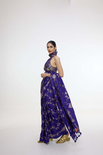 Ekaya Handwoven Indigo Blue Mashroo Silk Saree indian designer wear online shopping melange singapore 
