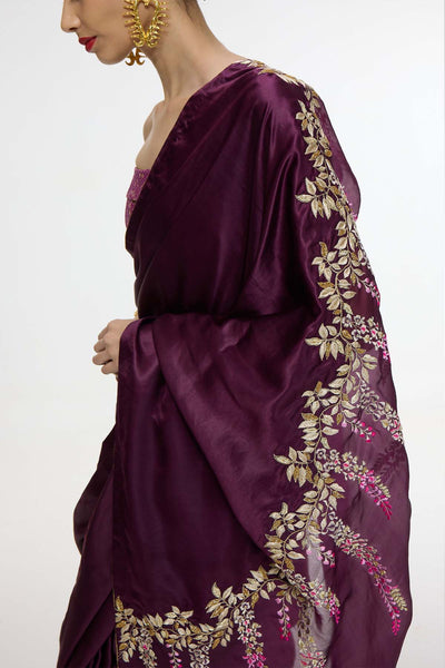 Ekaya Handwoven Maroon Saree With Embroidered Panel indian designer wear online shopping melange singapore 