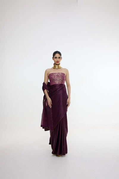 Ekaya Handwoven Maroon Saree With Embroidered Panel indian designer wear online shopping melange singapore 