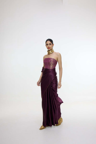 Ekaya Handwoven Maroon Saree With Embroidered Panel indian designer wear online shopping melange singapore 