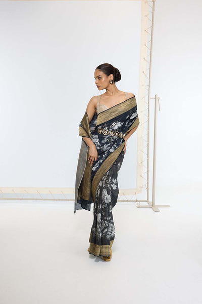 Ekaya Handwoven Midnight Black Printed Saree indian designer wear online shopping melange singapore 