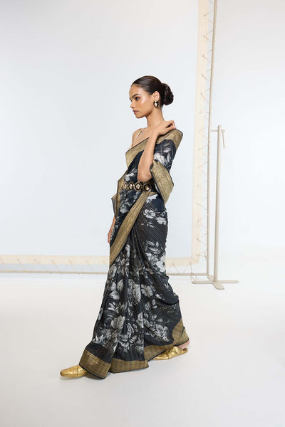 Ekaya Handwoven Midnight Black Printed Saree indian designer wear online shopping melange singapore 