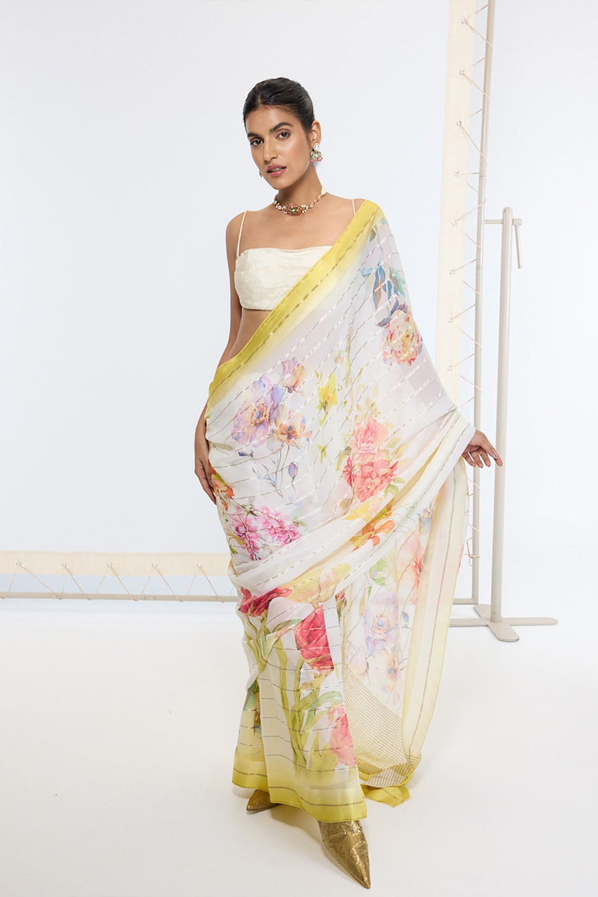 Ekaya Handwoven Off-White Printed Saree indian designer wear online shopping melange singapore 