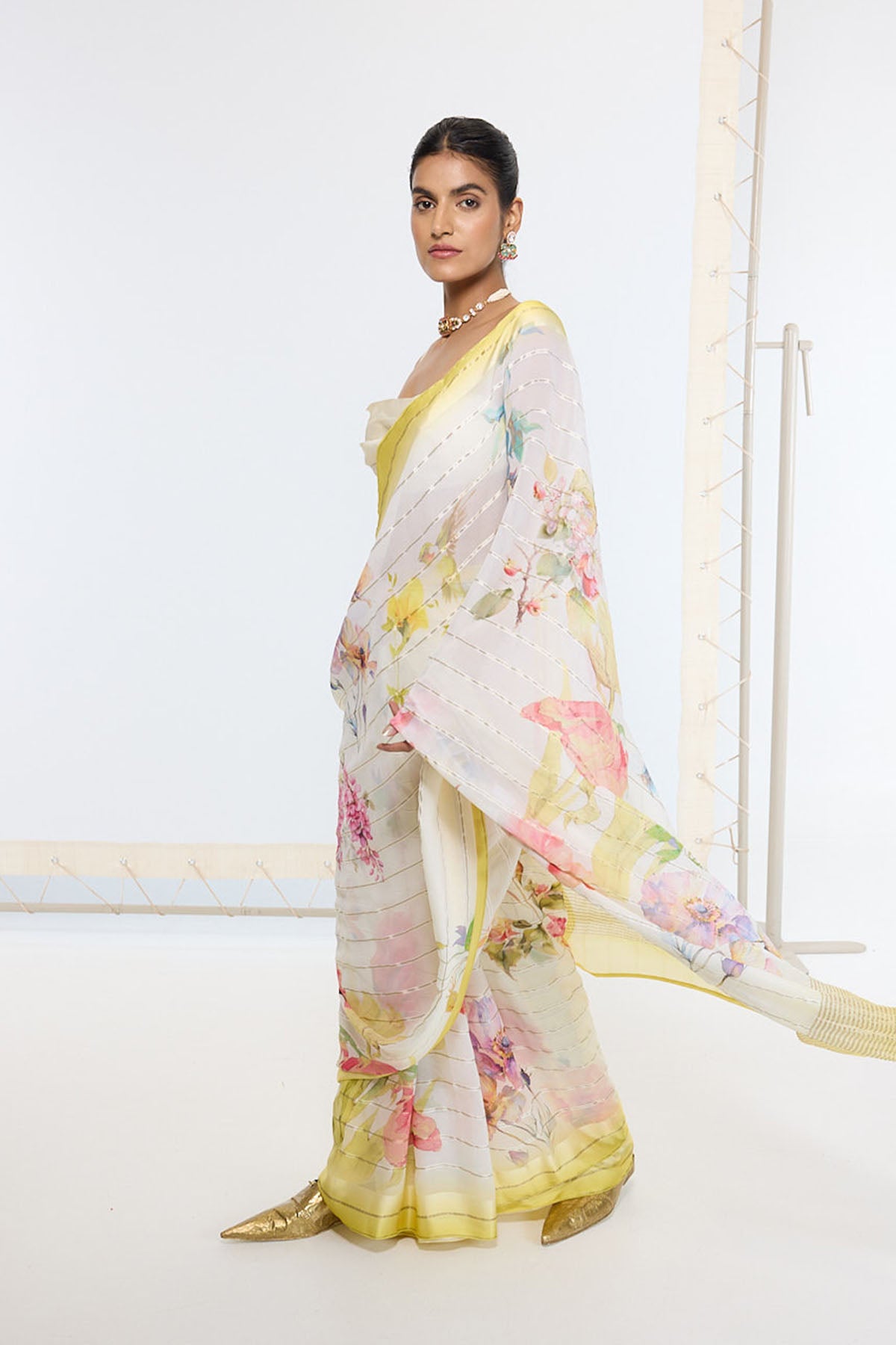 Ekaya Handwoven Off-White Printed Saree indian designer wear online shopping melange singapore 