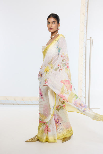 Ekaya Handwoven Off-White Printed Saree indian designer wear online shopping melange singapore 