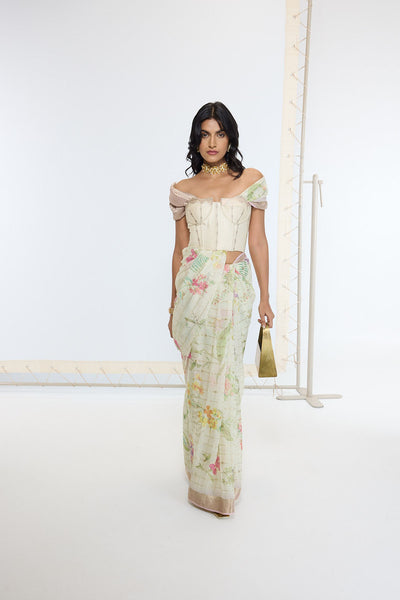 Ekaya Handwoven Pistachio Green Printed Saree indian designer wear online shopping melange singapore 