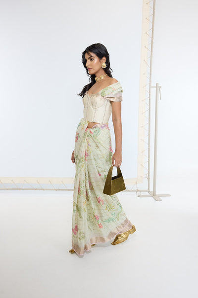 Ekaya Handwoven Pistachio Green Printed Saree indian designer wear online shopping melange singapore 
