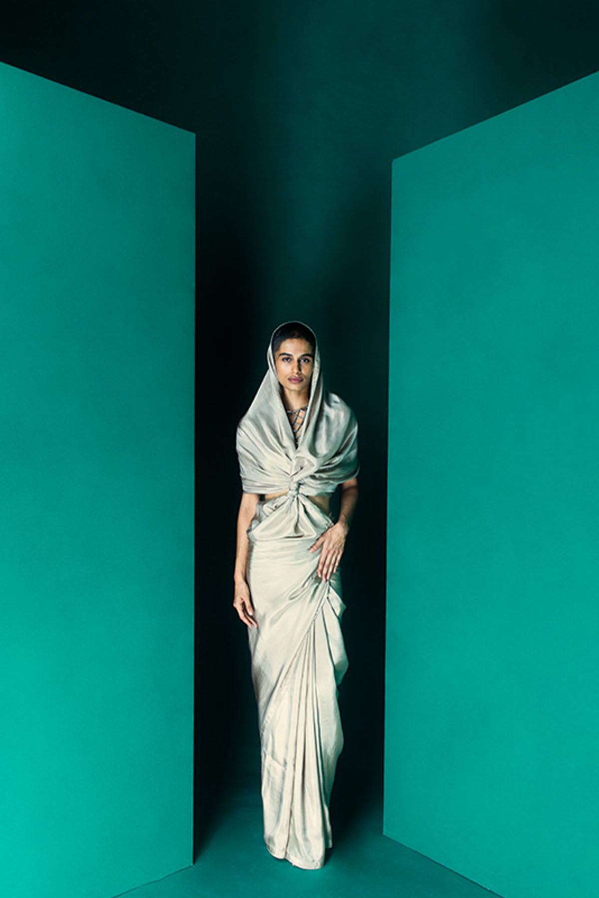 Ekaya Handwoven Porcelain White Satin Saree indian designer wear online shopping melange singapore 