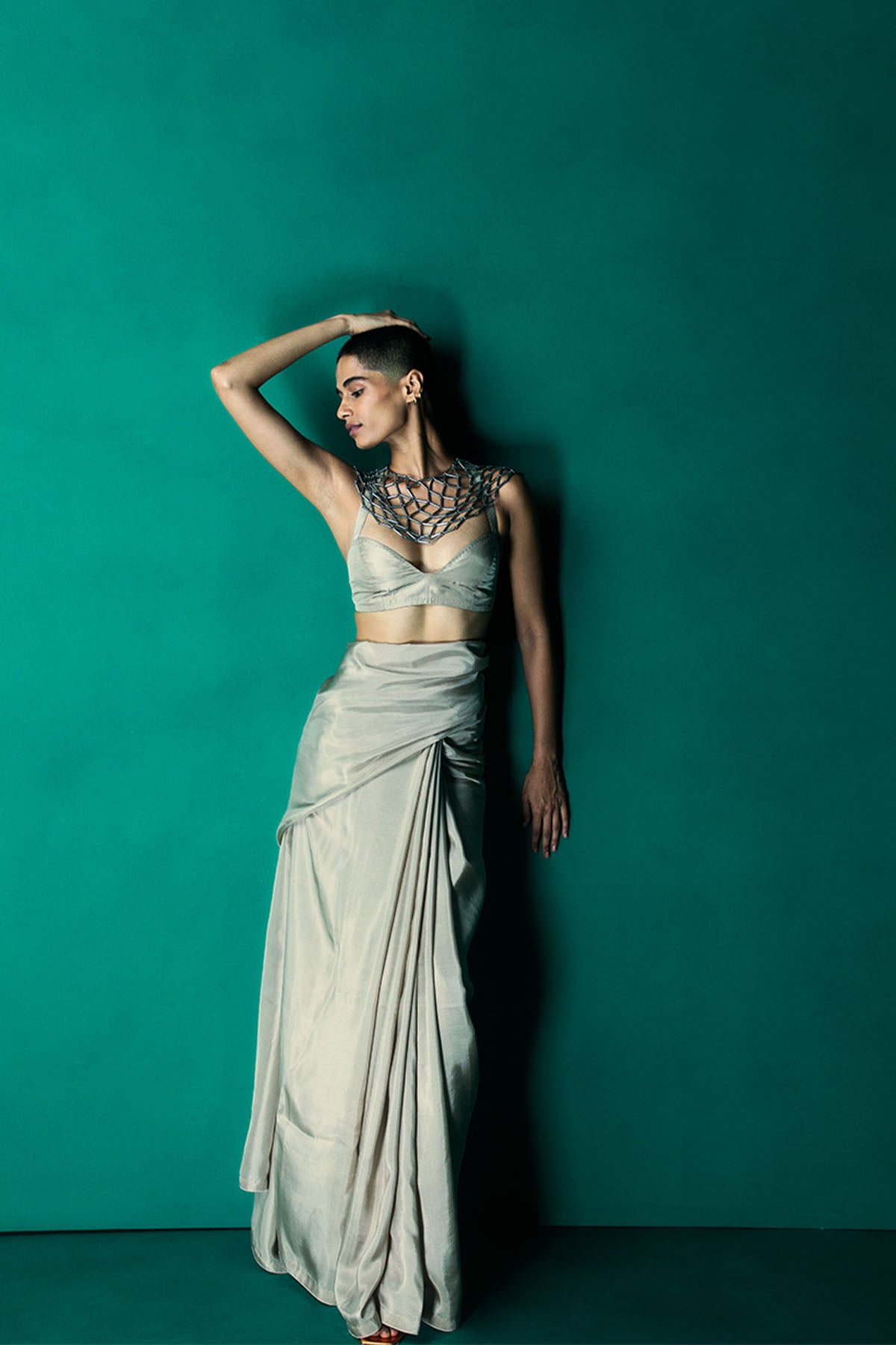 Ekaya Handwoven Porcelain White Satin Saree indian designer wear online shopping melange singapore 