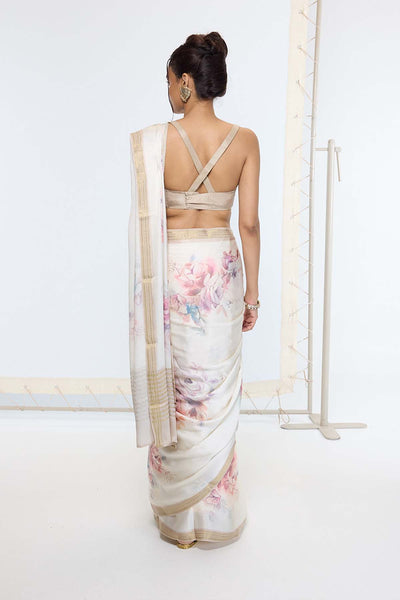 Ekaya Handwoven Powder White Printed Saree indian designer wear online shopping melange singapore 