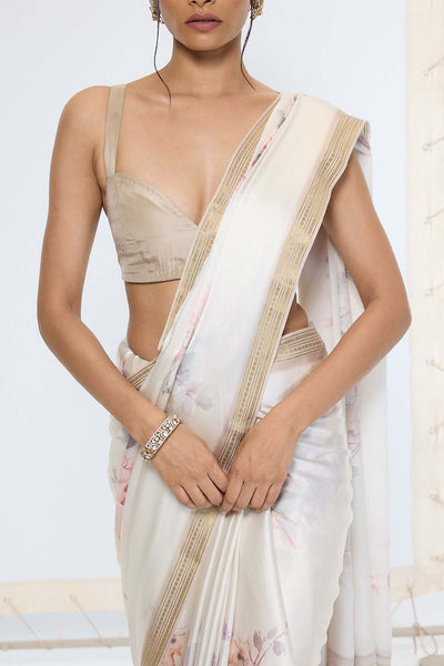 Ekaya Handwoven Powder White Printed Saree indian designer wear online shopping melange singapore 