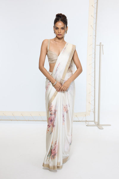 Ekaya Handwoven Powder White Printed Saree indian designer wear online shopping melange singapore 