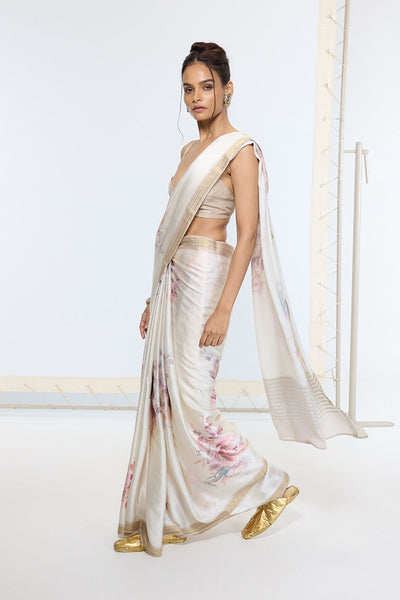 Ekaya Handwoven Powder White Printed Saree indian designer wear online shopping melange singapore 