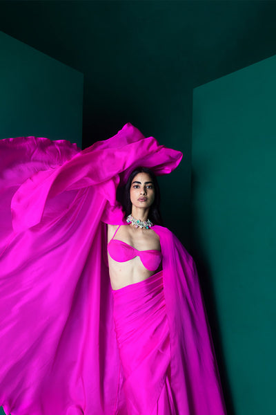 Ekaya Handwoven Rani Pink Satin Saree indian designer wear online shopping melange singapore 
