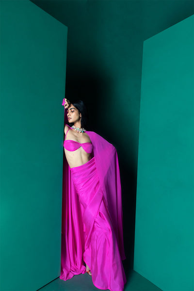 Ekaya Handwoven Rani Pink Satin Saree indian designer wear online shopping melange singapore 
