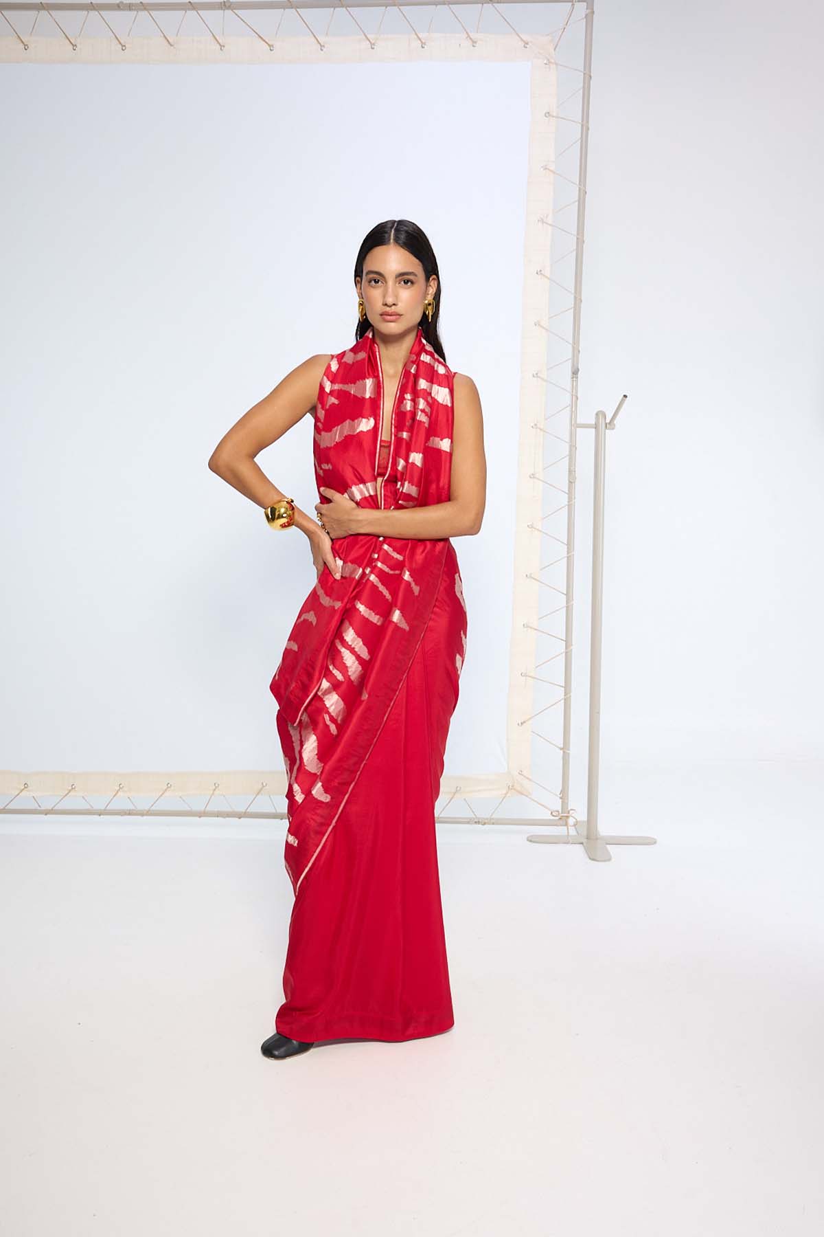 Ekaya Handwoven Red Rose Gold Zari Saree indian designer wear online shopping melange singapore 
