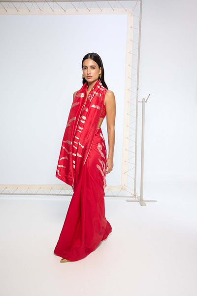 Ekaya Handwoven Red Rose Gold Zari Saree indian designer wear online shopping melange singapore 
