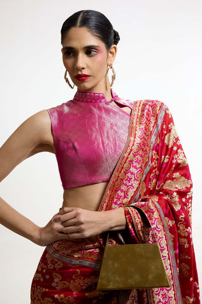 Ekaya Handwoven Ruby Red Mashroo Silk Saree indian designer wear online shopping melange singapore 
