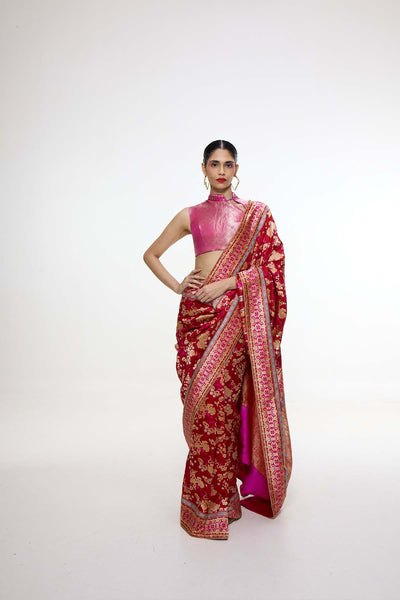 Ekaya Handwoven Ruby Red Mashroo Silk Saree indian designer wear online shopping melange singapore 
