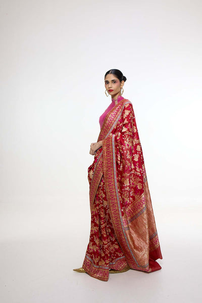 Ekaya Handwoven Ruby Red Mashroo Silk Saree indian designer wear online shopping melange singapore 
