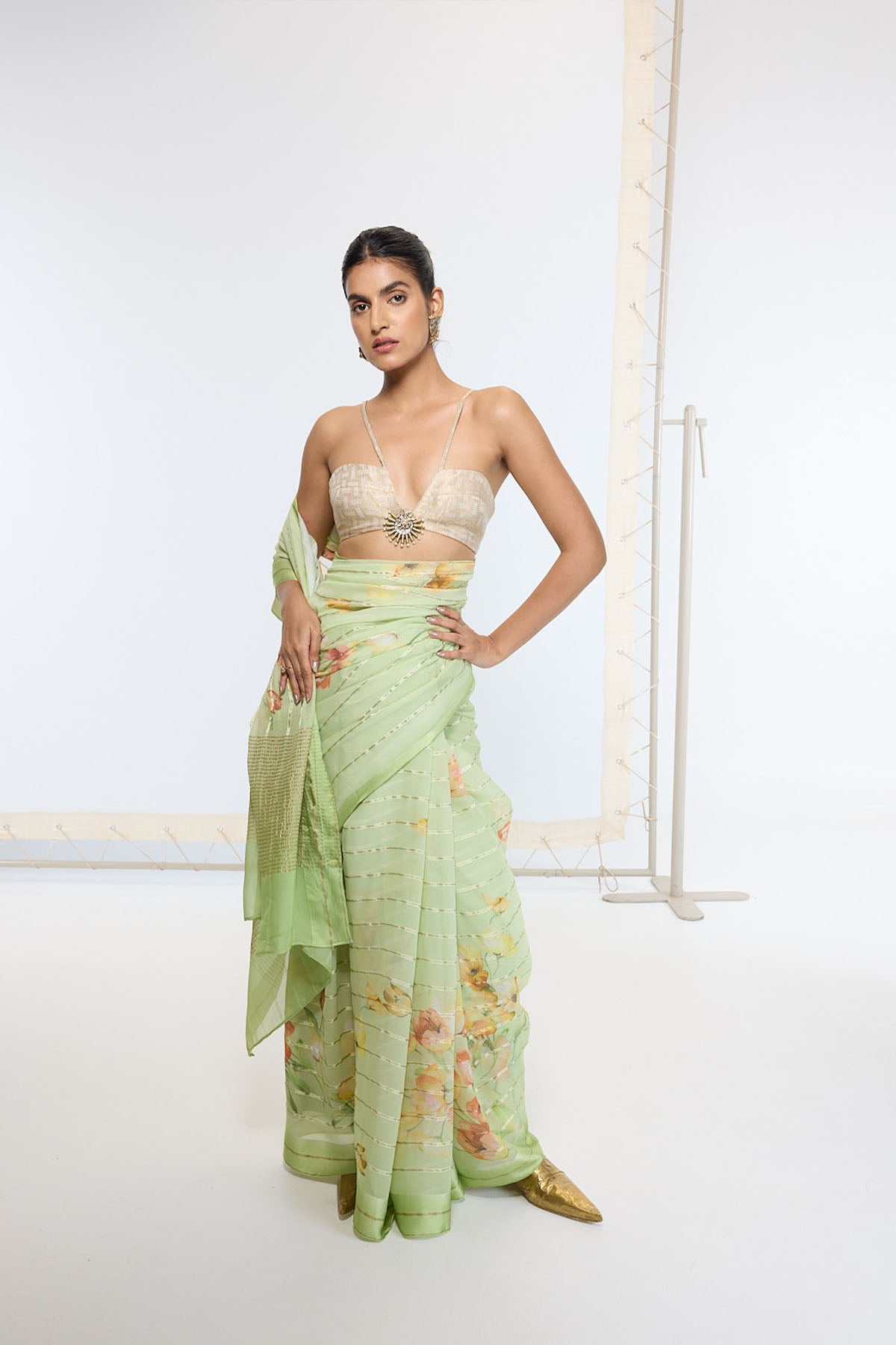 Ekaya Handwoven Sage Green Printed Saree indian designer wear online shopping melange singapore 