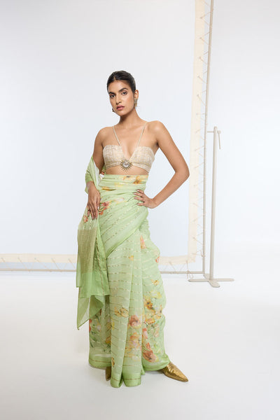 Ekaya Handwoven Sage Green Printed Saree indian designer wear online shopping melange singapore 