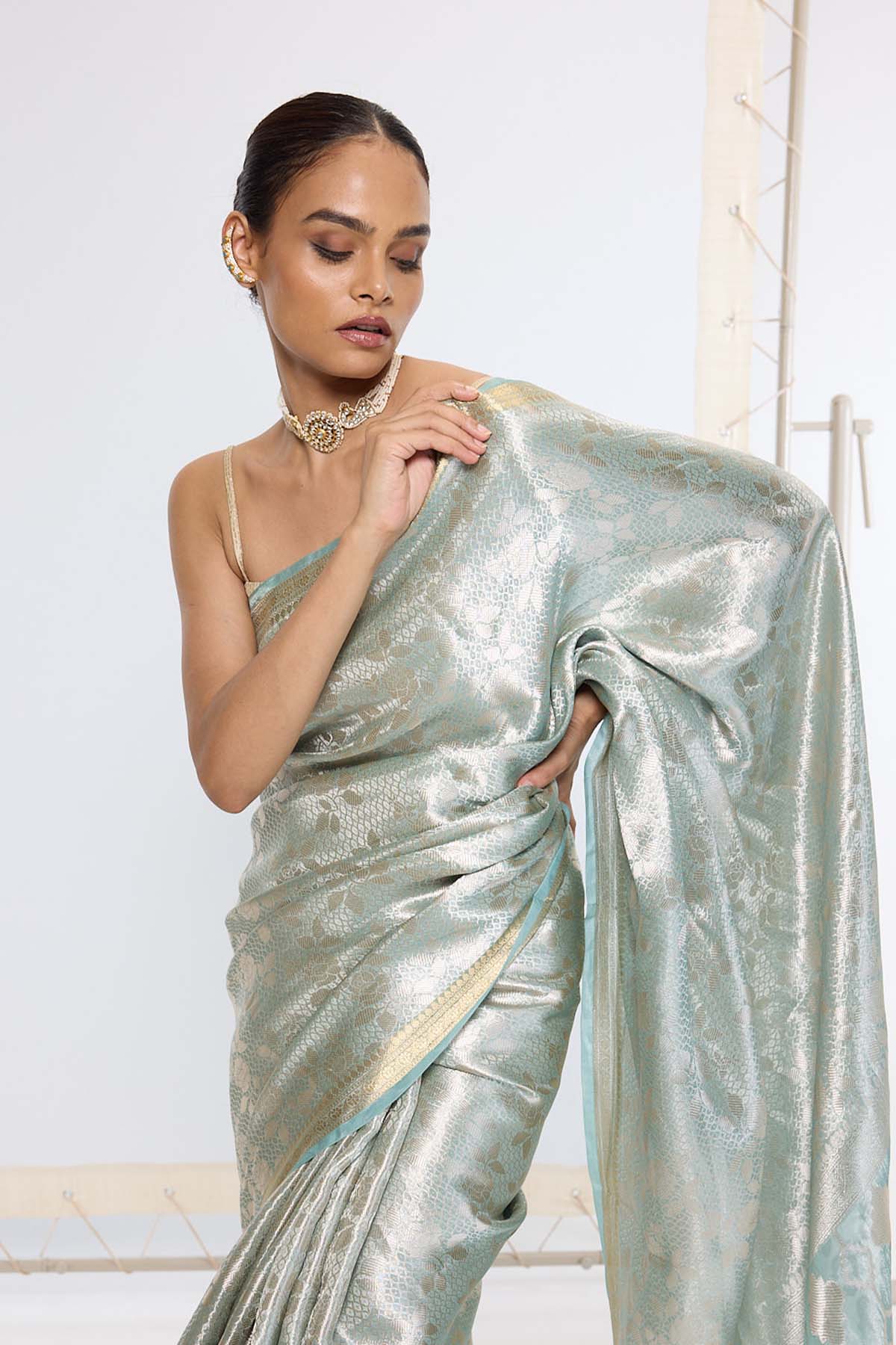 Ekaya Handwoven Sea Green Tissue Saree indian designer wear online shopping melange singapore 
