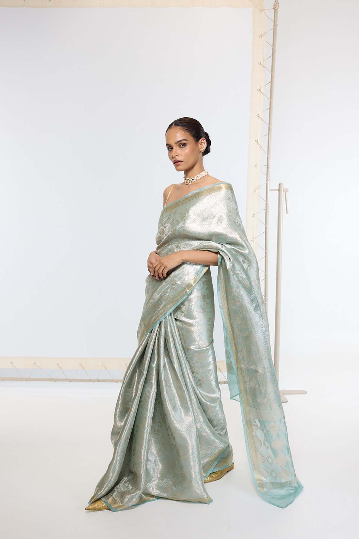 Ekaya Handwoven Sea Green Tissue Saree indian designer wear online shopping melange singapore 
