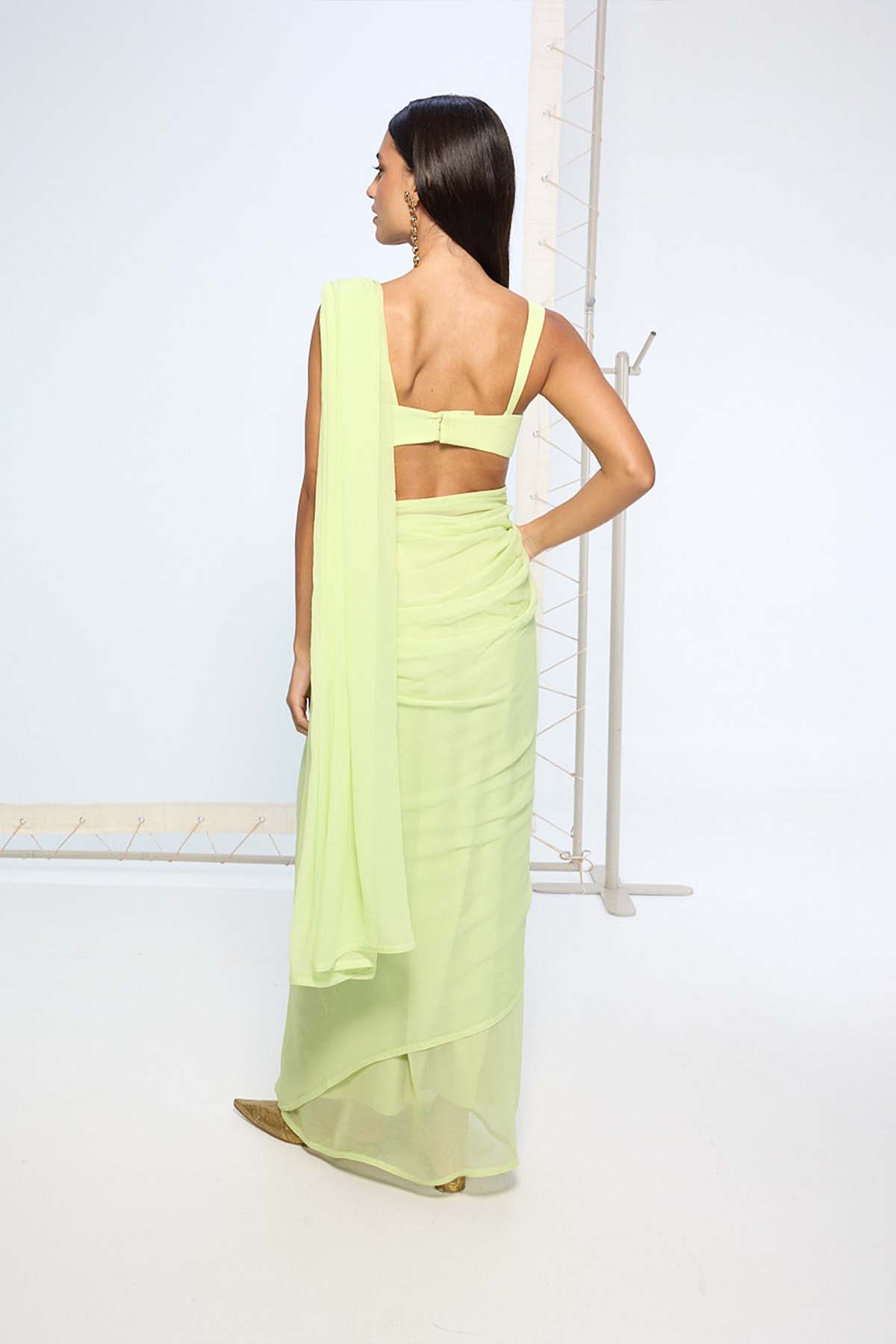 Ekaya Lime Green Brooch Saree indian designer wear online shopping melange singapore 