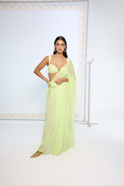 Ekaya Lime Green Brooch Saree indian designer wear online shopping melange singapore 