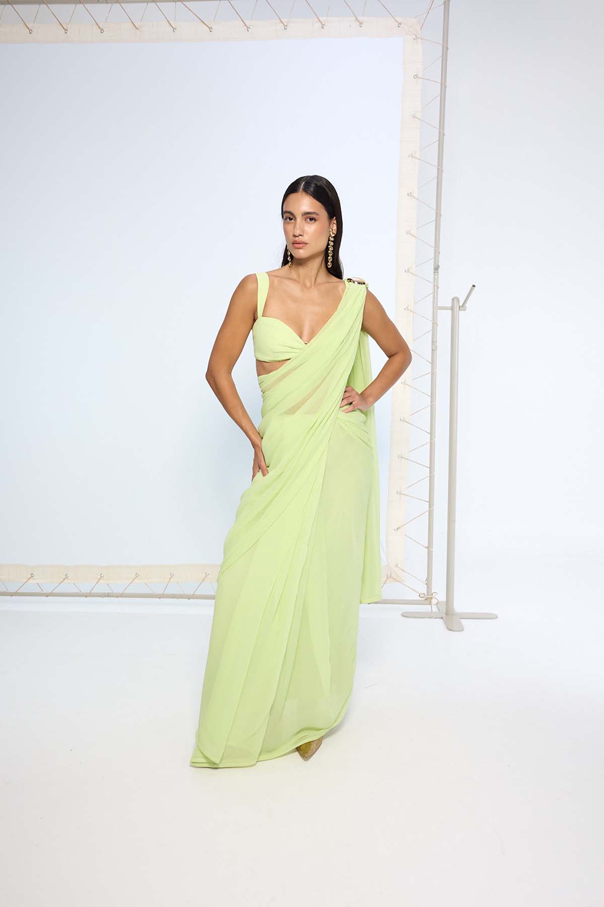 Ekaya Lime Green Movable Brooch Saree indian designer wear online shopping melange singapore 