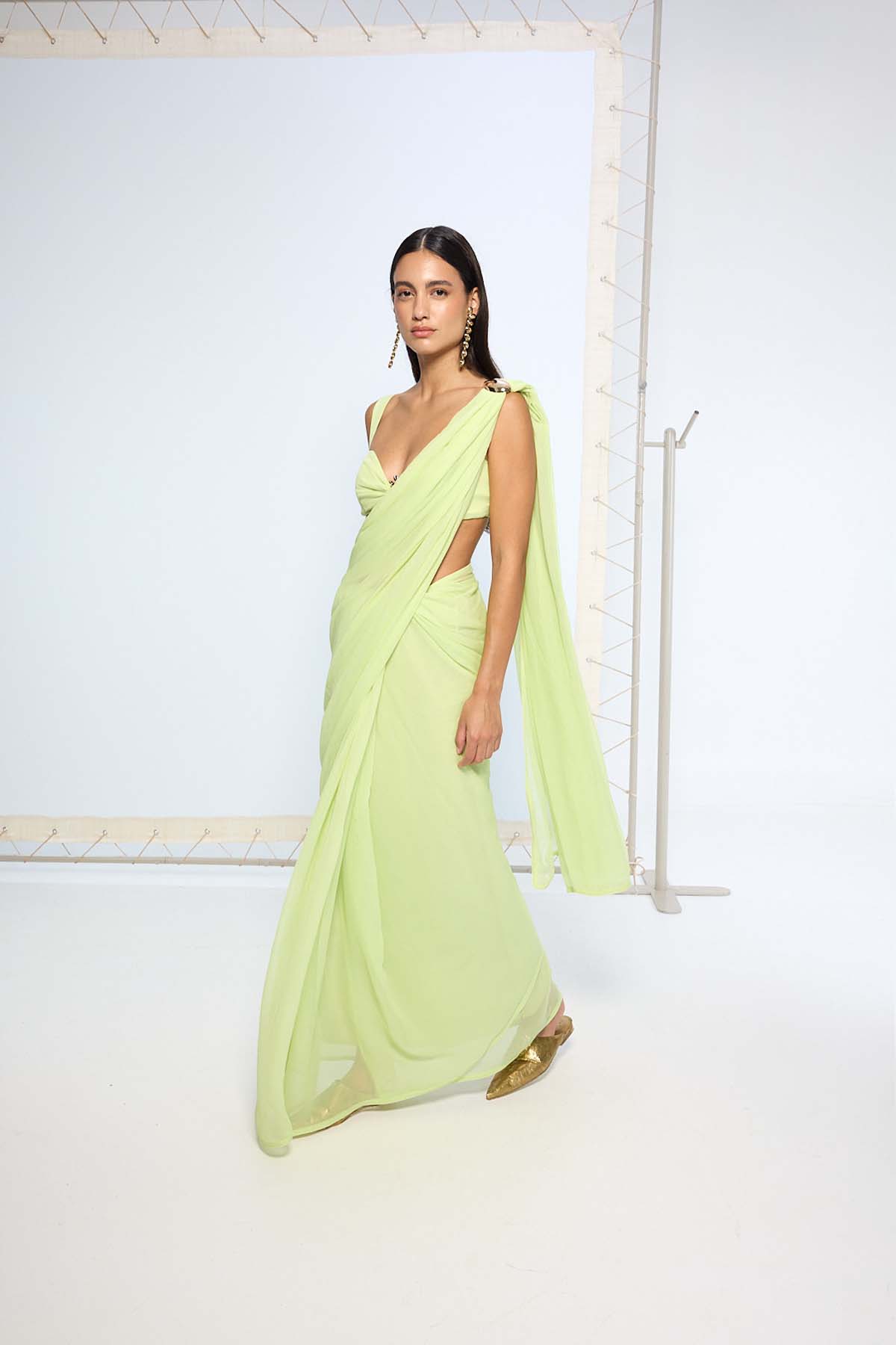 Ekaya Lime Green Movable Brooch Saree indian designer wear online shopping melange singapore 