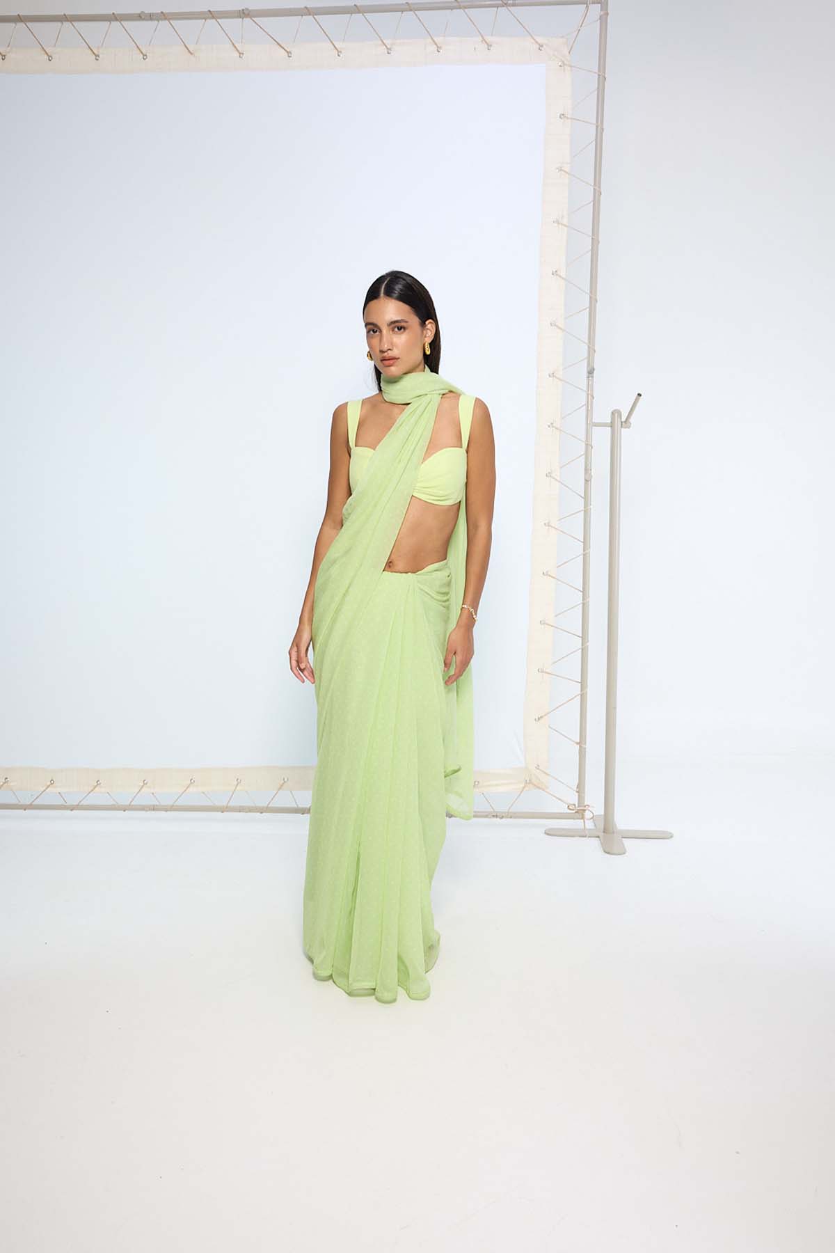 Ekaya Lime Green Polka Dotted Saree indian designer wear online shopping melange singapore 