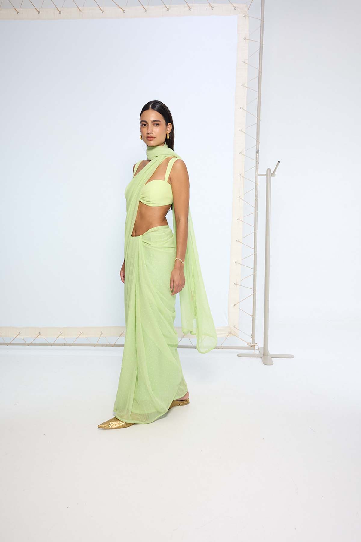 Ekaya Lime Green Polka Dotted Saree indian designer wear online shopping melange singapore 
