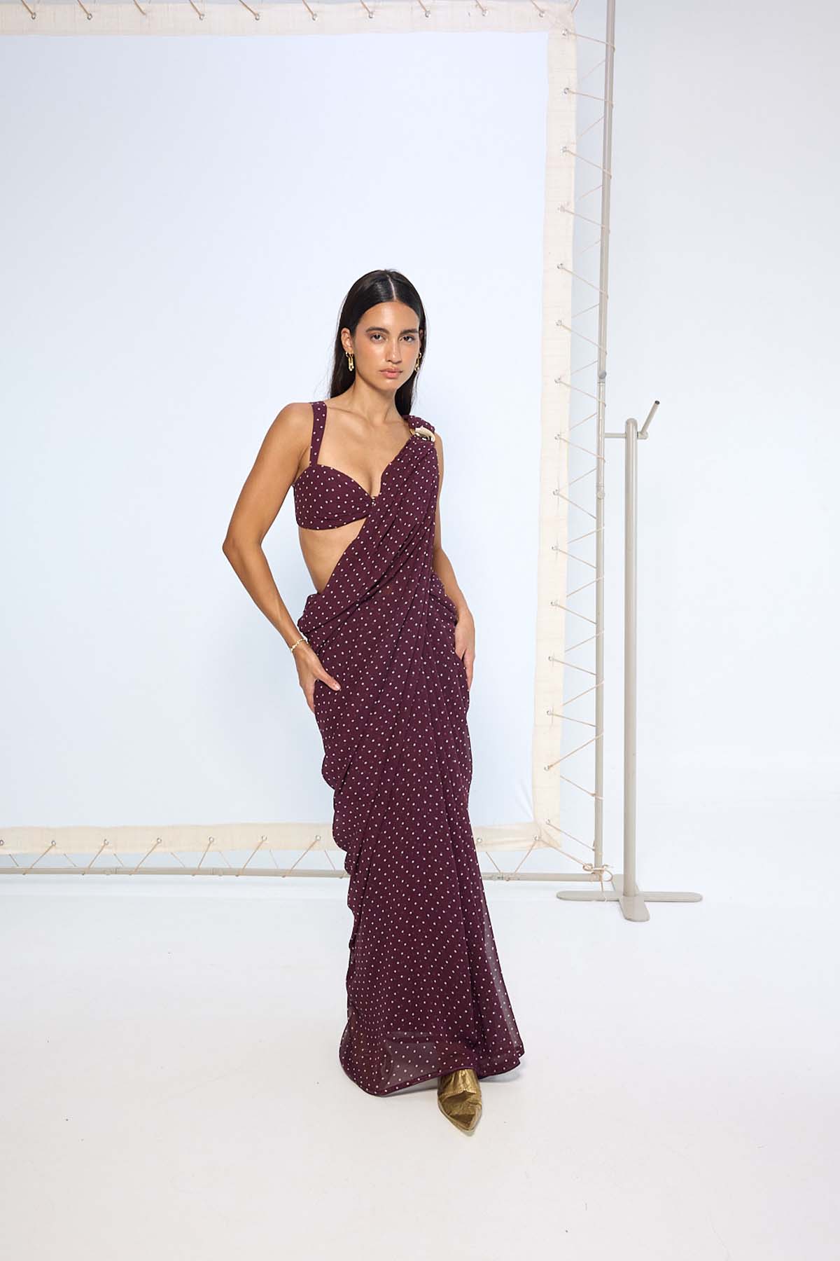 Ekaya Maroon Movable Brooch Dotted saree indian designer wear online shopping melange singapore 